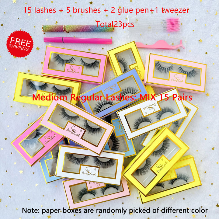 15 Pairs Lash Bundle Include 15 False eEyelashes  2 Glue Pen  5 Lash Brushes  1 Tweezer Total 23 pcs - bamylash