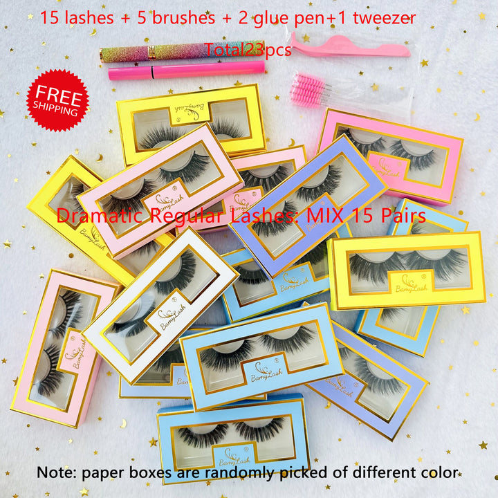 15 Pairs Lash Bundle Include 15 False eEyelashes  2 Glue Pen  5 Lash Brushes  1 Tweezer Total 23 pcs - bamylash