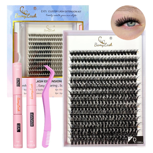 Lash Extension Kit DIY 280pcs Lash Clusters Eyelash Extension Kit, 9-16mm 50P Curl Individual Lashes Kit with Lash Bond and Seal Eyelash Remover Lash Tweezers for Self Use