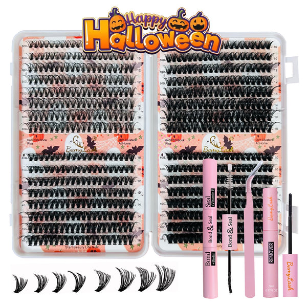 Halloween Wispy Lash Extension Kit 640Pcs Cluster Lashes Natural Look, Short Lash Clusters Kit 10-16mm 30D 40D 50D 60D D Curl Individual Lashes Kit with Lash Bond Seal Remover (30D+40D+50D+60D Kit 10-16mm)