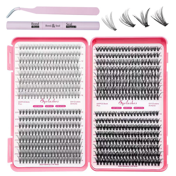 Natural Look Eyelash Extensions Set, Trending Products, 1 Box 640pcs D Curl Mixed 10D/20D/30D/40D False Eyelashes Extensions Set &amp; 1pc Eyelash Tweezers &amp; 1pc Eyelash Bond &amp; Seal, Professional Makeup Accessories for Women