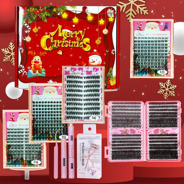 Christmas 3D Fluffy False Eyelashes with Glue & Tweezers &Brush & Glue Remover & Eyelash Curler, MixedLength Styles Mixed Extension DlY Cluster Lasheswith Tools