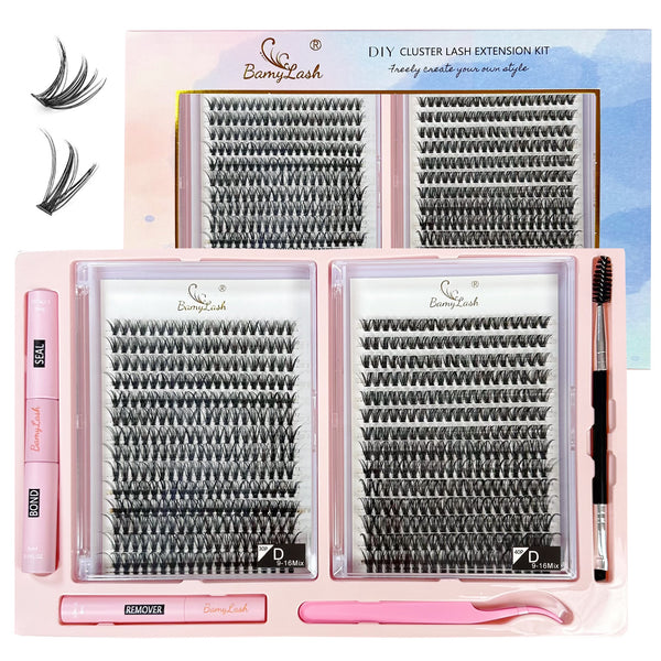 Lash Extension Kit 560 PCS Mix 30P+40P Eyelash Extension Set D Curl Lash Clusters Kit Wispy Individual Lash Kit DIY Lash Extension Kit with Lash Glue and Remover Applications and Lash Brushes