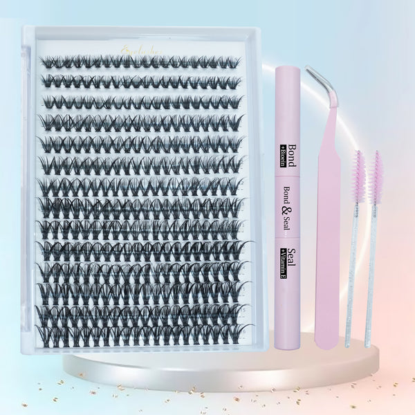 DIY Eyelash Extension Kit 280pcs Individual Lashes Cluster D Curl, 9-16mm Mix Lash Clusters with Lash Bond and Seal and Lash Applicator Tool and Lash Brushes for Self Application at Home (40P-0.07D-9-16MIX KIT)