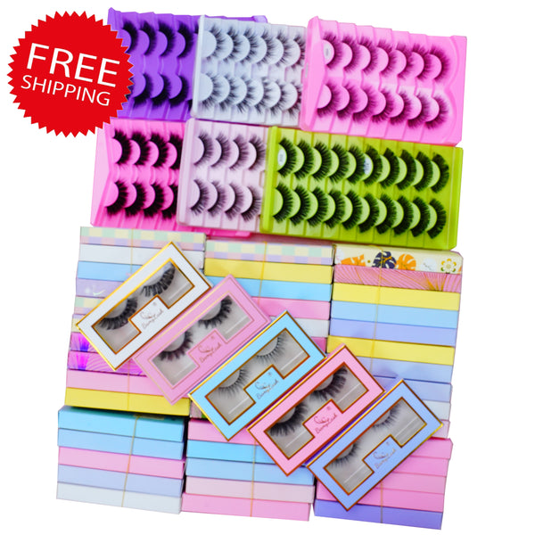 Free shipping 50 pairs or 100 pairs randomly picked eyelash，half packed with individual paper boxes and half easily packed trays