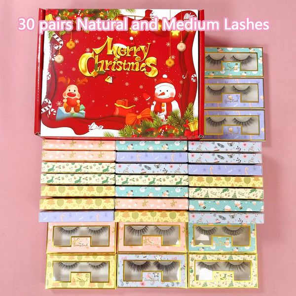 Christmas Natural & Medium False Eyelashes, 30 Pairs FluffyCurling False Eyelashes, Reusable Eye MakeupProducts for Women & Girls