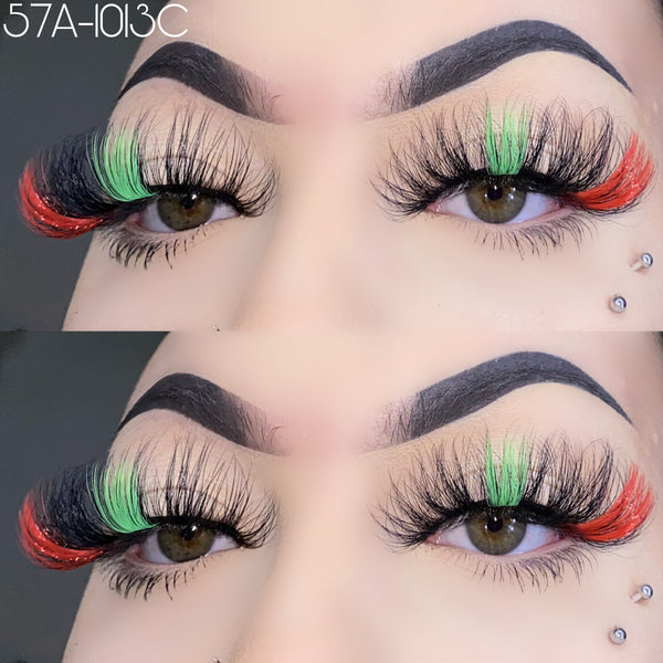 Wholesale 57A-1013C Red Green Color False Eyelashes 25mm Real Mink Long Lashes