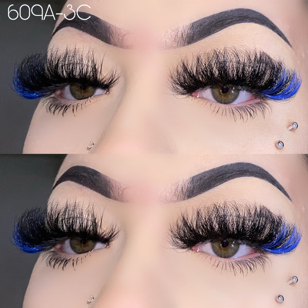 Wholesale 609A-3C Blue Color False Eyelashes 25mm Real Mink Long Lashes