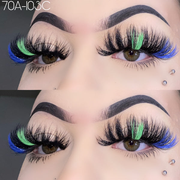 Wholesale 70A-103C Green Blue Color False Eyelashes 25mm Real Mink Long Lashes